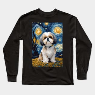 Shih Tzu Dog Breed Painting in a Van Gogh Starry Night Art Style Long Sleeve T-Shirt